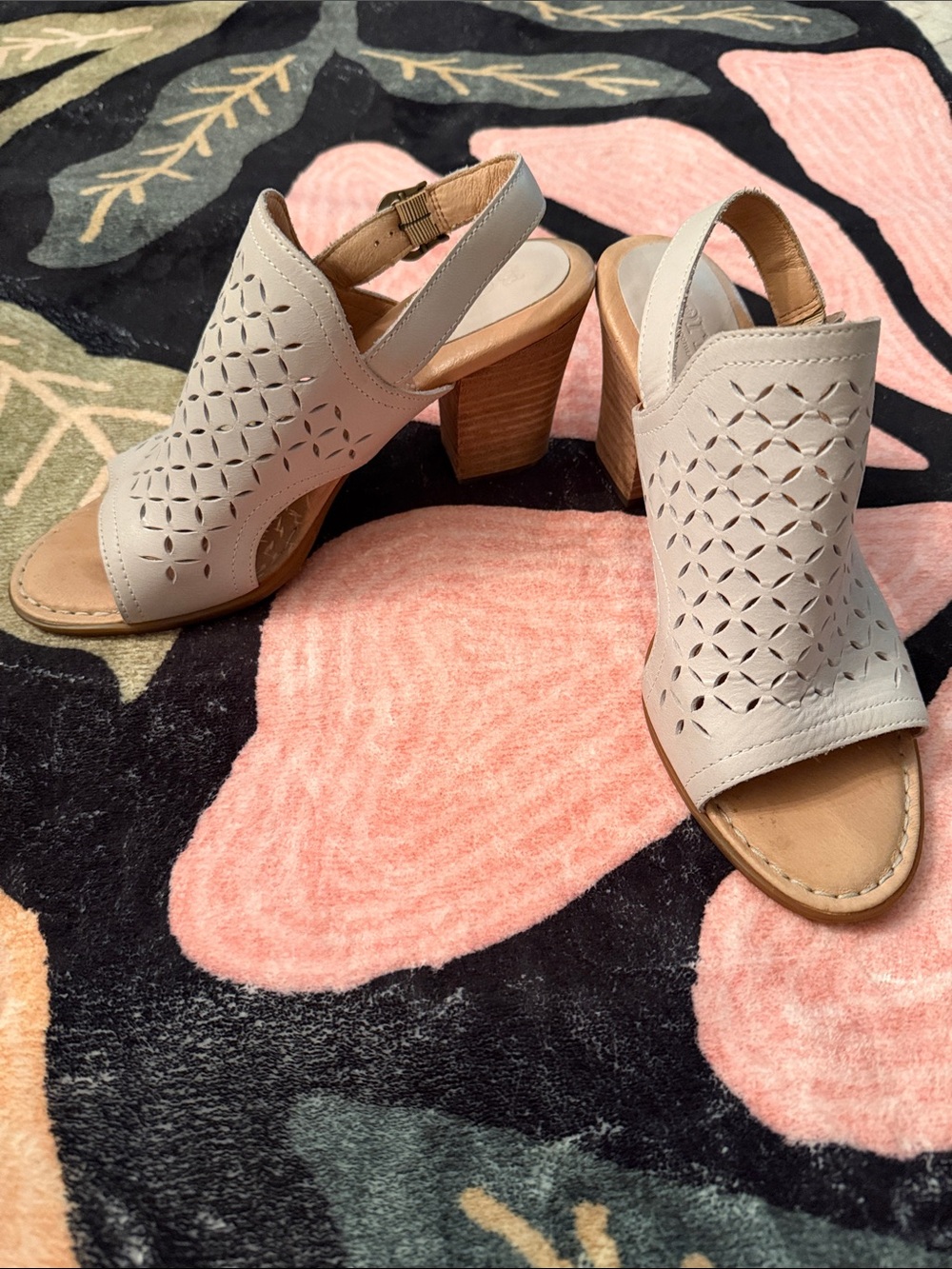 Born Cream Laser-Cut Slingback Block Heels
